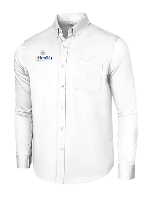 Long Sleeve White Superpro React Twill Shirt w/Uhealth Logo