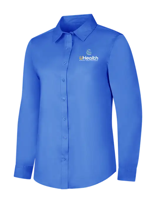 Dark Carolina Blue Womens Long Sleeve Superpro React Twill Shirt w/Uhealth Logo