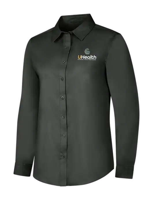 Dark Grey Womens Long Sleeve Superpro React Twill Shirt w/Uhealth Logo