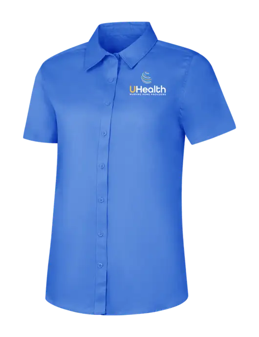 Womens Dark Carolina Blue Short Sleeve Superpro React Twill Shirt w/Uhealth Logo