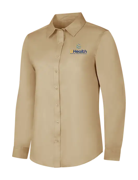 Dark Tan Womens Long Sleeve Superpro React Twill Shirt w/Uhealth Logo