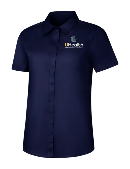 Womens Navy Short Sleeve Superpro React Twill Shirt w/Uhealth Logo