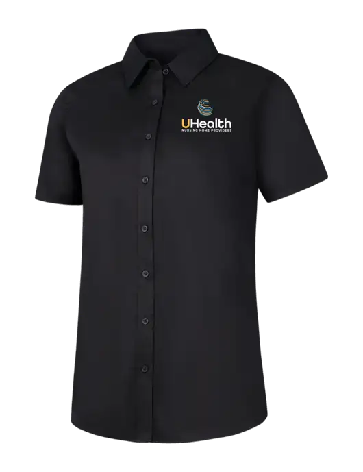 Womens Black Short Sleeve Superpro React Twill Shirt w/Uhealth Logo