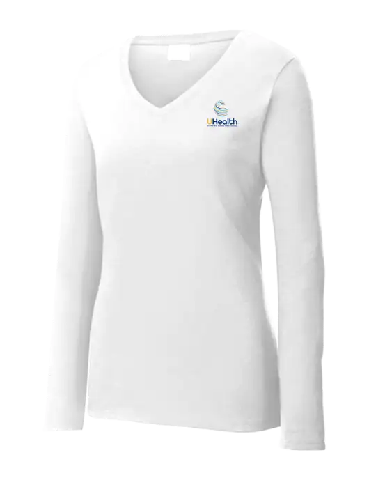 Womens  V-Neck Ring Spun White 4.5 oz Long Sleeve T-Shirt w/Uhealth Logo