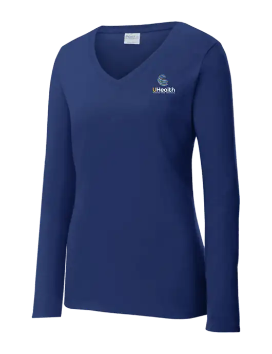 Womens  V-Neck Ring Spun Navy 4.5 oz Long Sleeve T-Shirt w/Uhealth Logo
