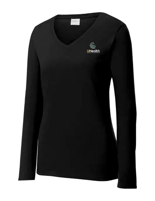 Womens V-Neck Ring Spun Jet Black 4.5 oz Long Sleeve T-Shirt w/Uhealth Logo