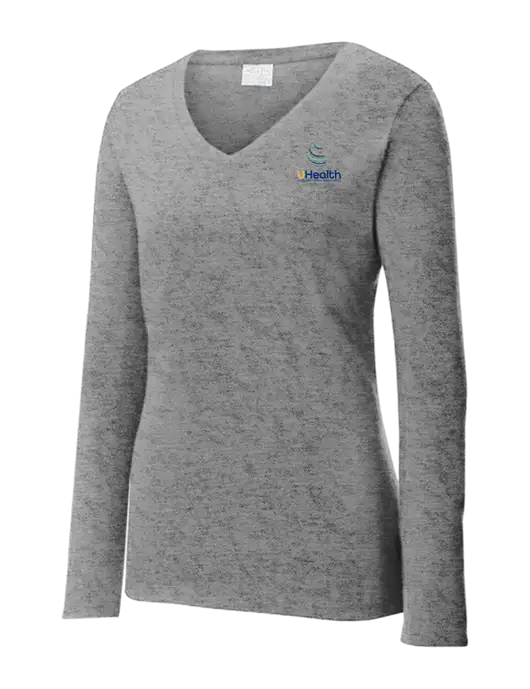 Womens  V-Neck Ring Spun Grey Heather 4.5 oz Long Sleeve T-Shirt w/Uhealth Logo