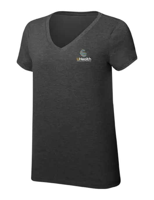 Womens Simply Soft V-Neck Black Frost 4.5oz  Poly/Combed Ring Spun Cotton T-Shirt w/Uhealth Logo