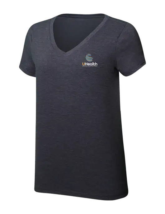 Womens Simply Soft V-Neck Heather Charcoal 4.5oz  Poly/Combed Ring Spun Cotton T-Shirt w/Uhealth Logo