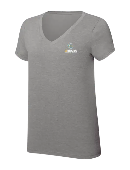 Womens Simply Soft V-Neck Grey Frost 4.5oz  Poly/Combed Ring Spun Cotton T-Shirt w/Uhealth Logo