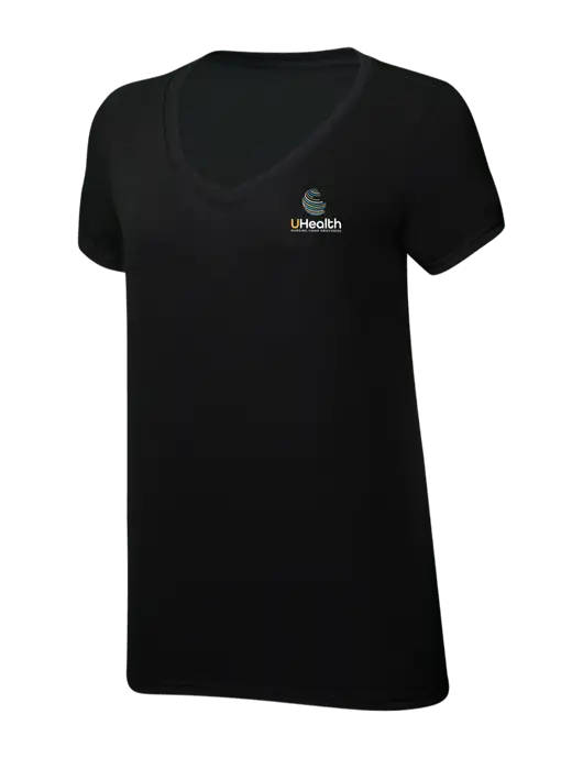 Womens Simply Soft V-Neck Black 4.5oz  Poly/Combed Ring Spun Cotton T-Shirt w/Uhealth Logo