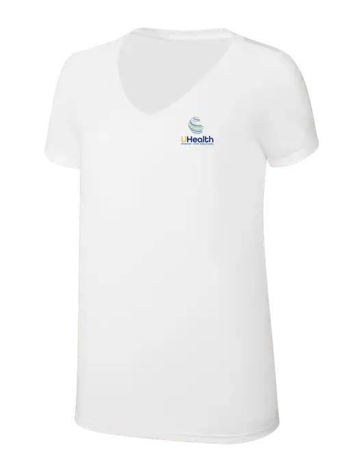 Womens Simply Soft V-Neck White 4.5oz  Poly/Combed Ring Spun Cotton T-Shirt w/Uhealth Logo
