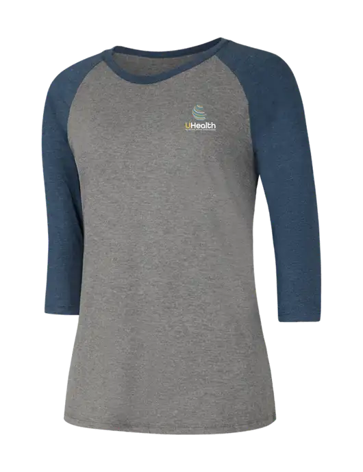 Womens Simply Soft 3/4 Sleeve Navy Frost/Grey Frost Ring Spun Cotton T-Shirt w/Uhealth Logo