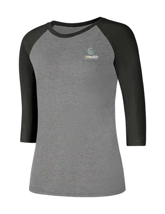 Womens Simply Soft 3/4 Sleeve Black Frost/Grey Frost Ring Spun Cotton T-Shirt w/Uhealth Logo