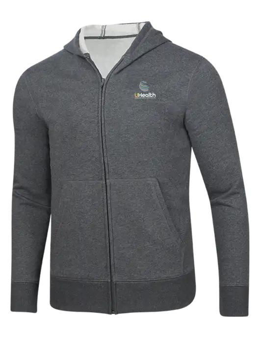 Full-Zip Dark Grey Heather Heavyweight Hooded Sweatshirt w/Uhealth Logo