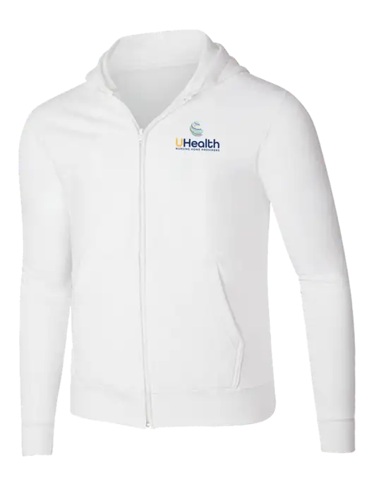 White 8.5 oz Ring Spun Zip Hooded Sweatshirt w/Uhealth Logo