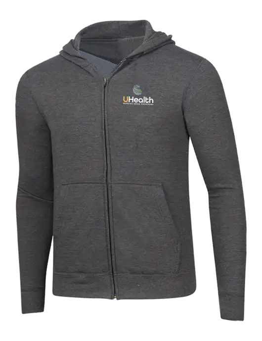Dark Heather Grey 8.5 oz Ring Spun Zip Hooded Sweatshirt w/Uhealth Logo