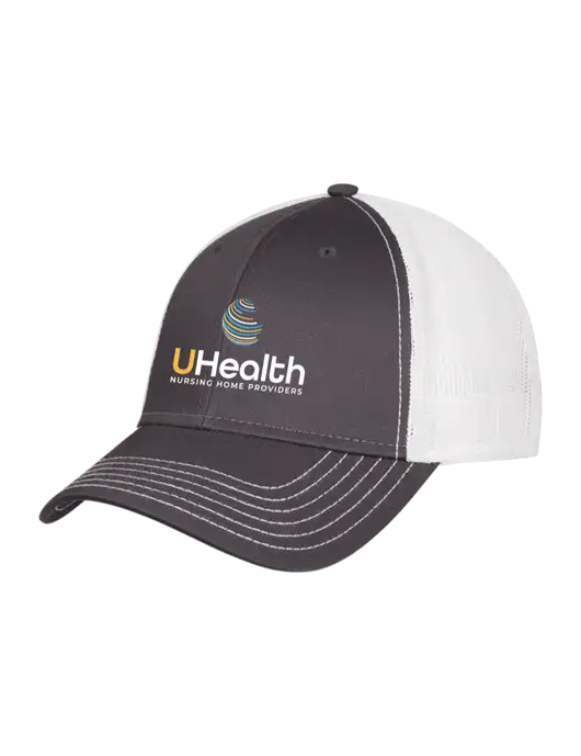 Dark Grey/White Mesh Trucker Cap Snap Back w/Uhealth Logo