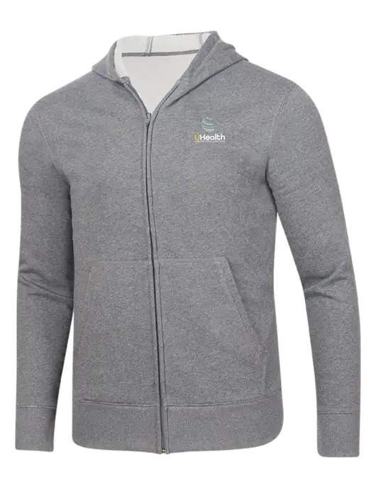 Full-Zip Medium Grey Heather Heavyweight Hooded Sweatshirt w/Uhealth Logo