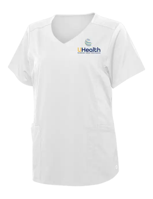 Wink White Womens Premiere Flex Mock Wrap Top w/Uhealth Logo