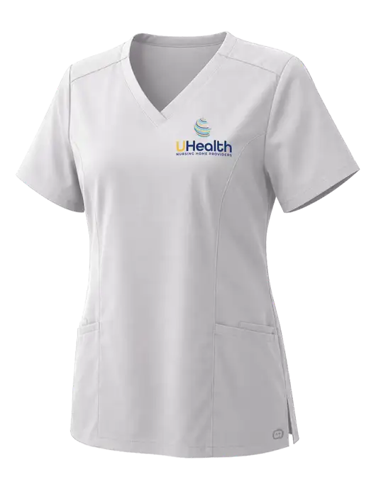 Wink Womens White Premiere Flex V-Neck Top w/Uhealth Logo