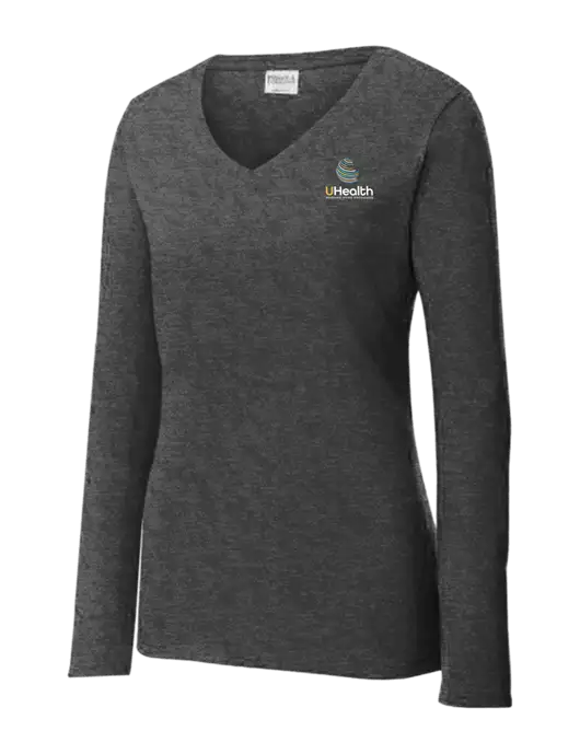 Womens  V-Neck Ring Spun Dark Heather Grey 4.5 oz Long Sleeve T-Shirt w/Uhealth Logo