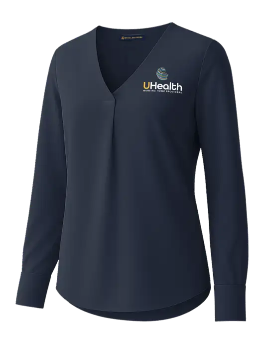 Brooks Brothers Womens Dark Navy Open-Neck Satin Blouse  w/Uhealth Logo