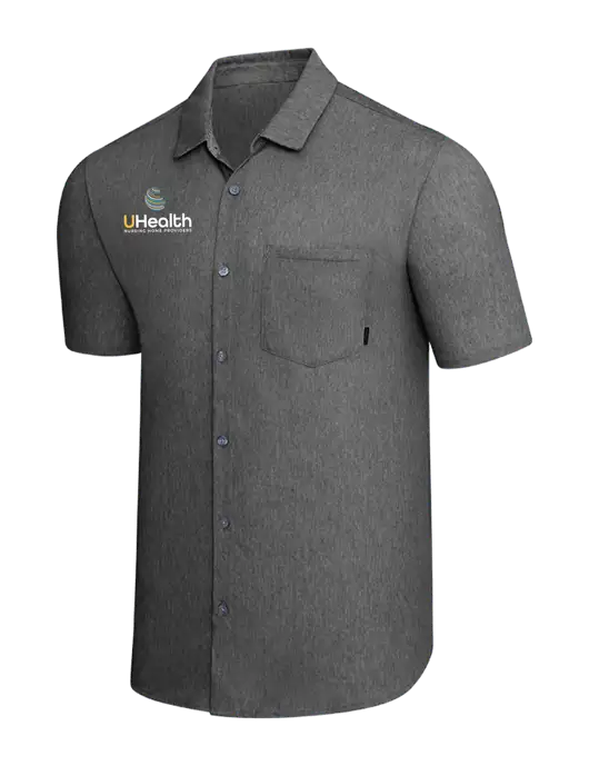 OGIO Dark Grey Heather Extend Short Sleeve Button Up Shirt w/Uhealth Logo