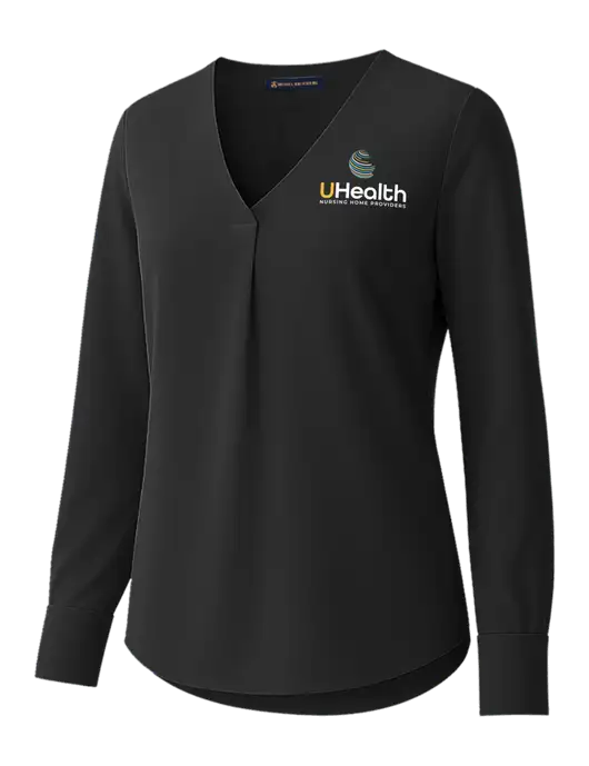 Brooks Brothers Womens Black Open-Neck Satin Blouse  w/Uhealth Logo