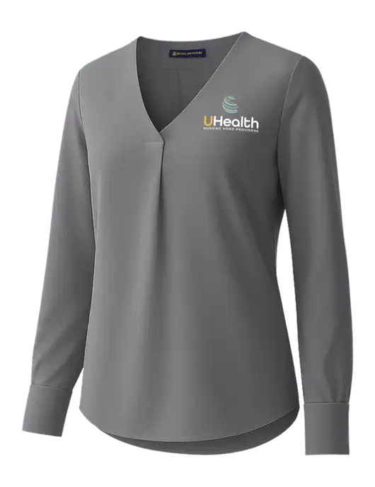 Brooks Brothers Womens Medium Grey Open-Neck Satin Blouse  w/Uhealth Logo