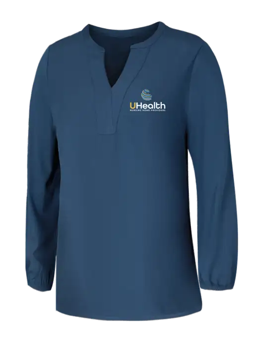 Mercer+Mettle Womens Light Navy Blue Grey Stretch Crepe 3/4 Sleeve Blouse w/Uhealth Logo