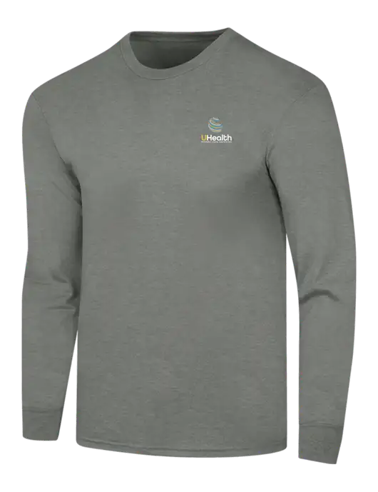 Simply Soft Long Sleeve Heathered Charcoal 4.5 oz, Poly/Combed Ring Spun Cotton T-Shirt w/Uhealth Logo