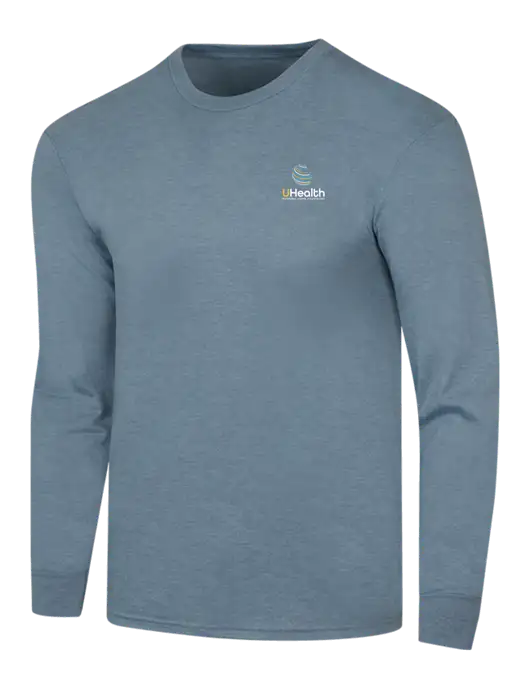 Simply Soft Long Sleeve Slate Blue Heather 4.5 oz, Poly/Combed Ring Spun Cotton T-Shirt w/Uhealth Logo