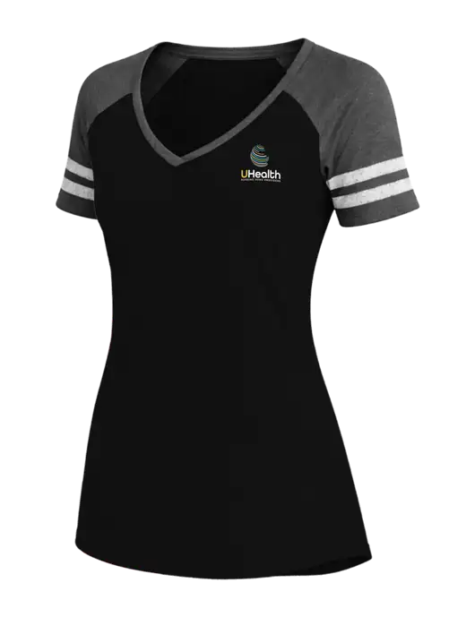Womens Black/Charcoal Heather V-Neck Game Tee w/Uhealth Logo