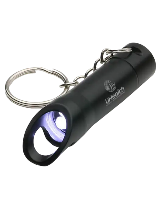 Black Pocket LED Flashlight with Bottle Opener & Keychain w/Uhealth Logo