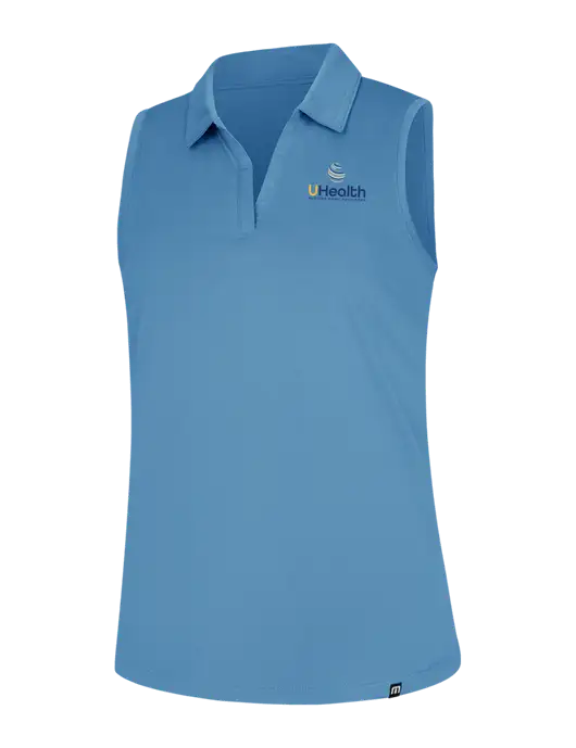 TravisMathew Womens Light Blue Heather Coto Performance Sleeveless Polo w/Uhealth Logo
