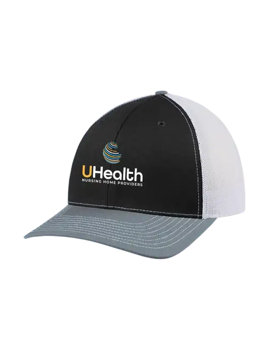 Richardson Adjustable Snapback Original 112 Trucker Cap Black/Light Heather Grey/White Mesh w/Uhealth Logo