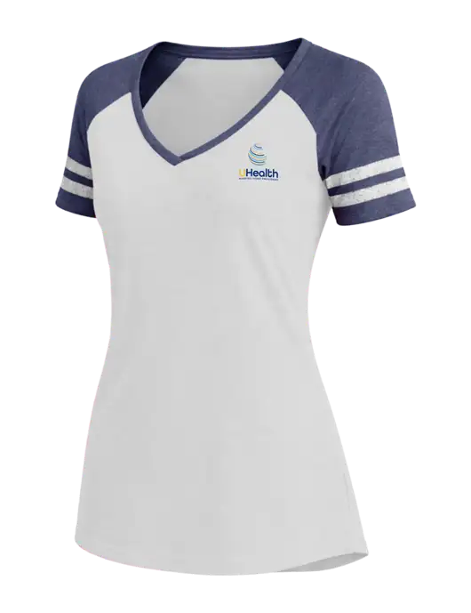 Womens White/Navy Heather V-Neck Game Tee w/Uhealth Logo