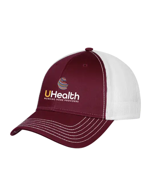 Maroon/Maroon/White Mesh Trucker Cap Snap Back w/Uhealth Logo