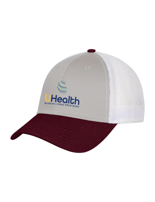 Maroon/Heather Grey/White Mesh Trucker Cap Snap Back w/Uhealth Logo
