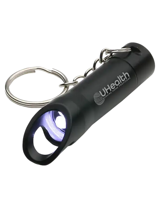 Black Pocket LED Flashlight with Bottle Opener & Keychain w/Uhealth Logo