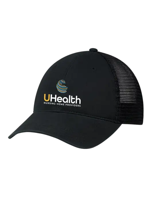 Richardson 111 Garment Washed Trucker Cap Black w/Black Mesh w/Uhealth Logo