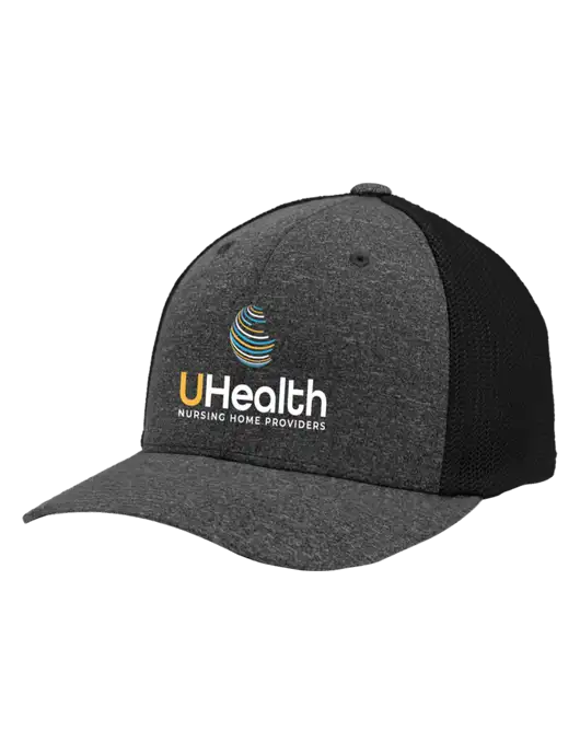 Flexfit Black/Dark Charcoal Heather Melange Mesh Back Trucker Cap w/Uhealth Logo