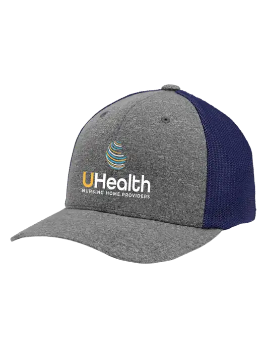 Flexfit Navy/Medium Grey Heather Melange Mesh Back Trucker Cap w/Uhealth Logo