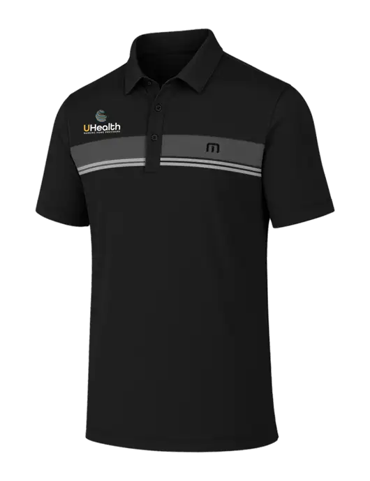 TravisMathew Black Glenview Stripe Polo w/Uhealth Logo