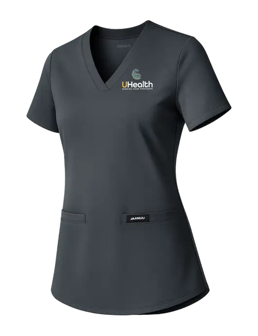 Jaanuu Womens Dark Grey Cesi Ultrasoft Scrub V-Neck Top w/Uhealth Logo