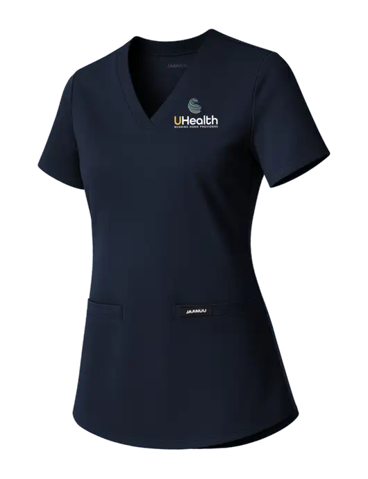 Jaanuu Womens Dark Navy Cesi Ultrasoft Scrub V-Neck Top w/Uhealth Logo