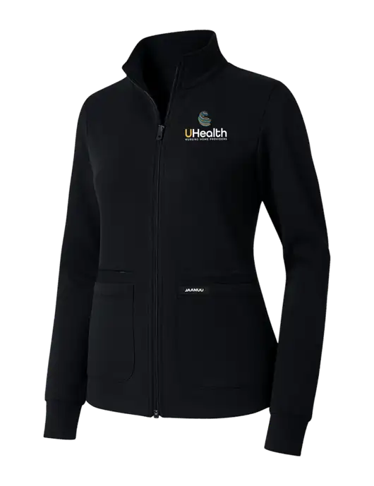 Jaanuu Womens Ceri Essential Black Full-Zip 6-Pocket Scrub Jacket w/Uhealth Logo