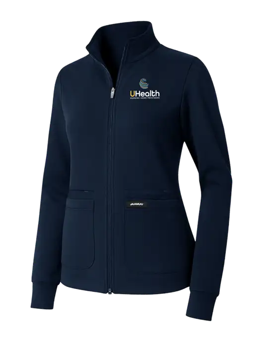 Jaanuu Womens Ceri Essential Dark Navy Full-Zip 6-Pocket Scrub Jacket w/Uhealth Logo